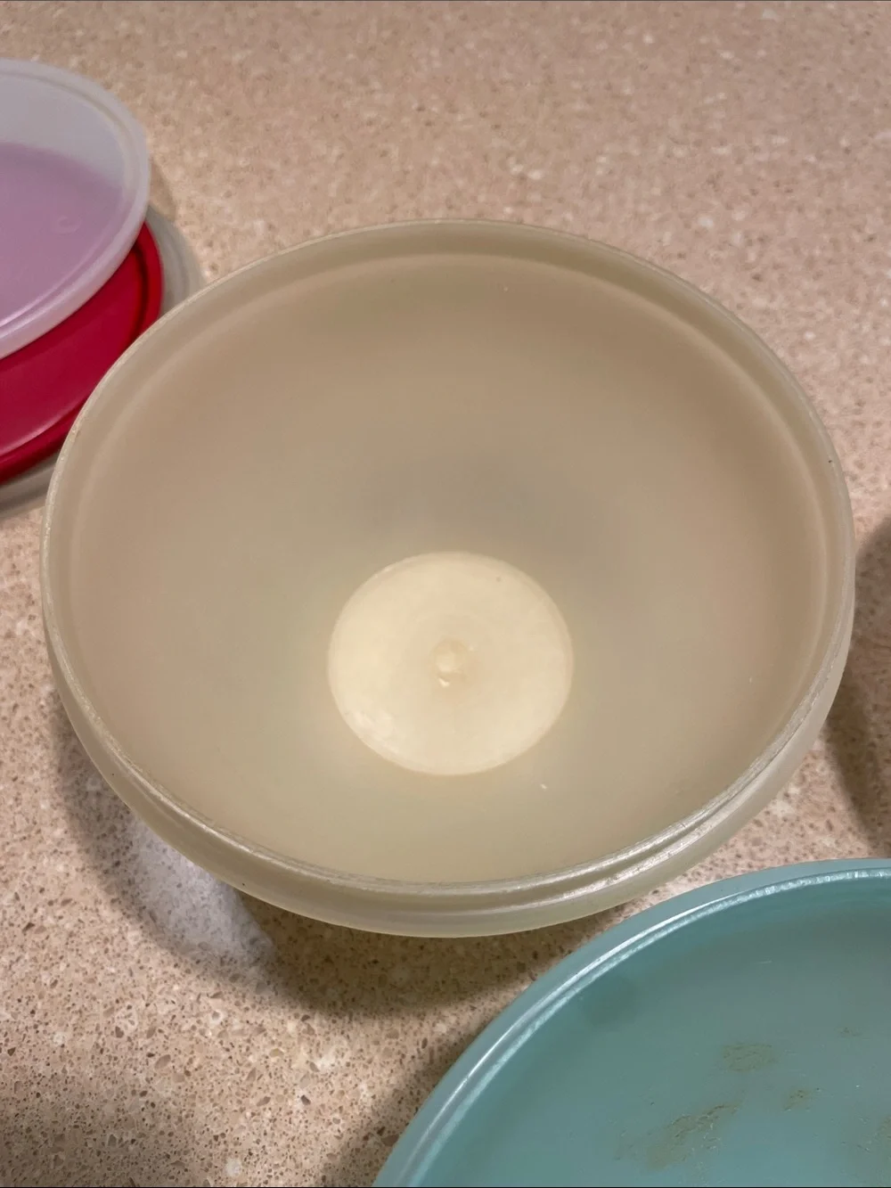 Vintage Tupperware Stackable Food Storage Bowls;Beige, Red, and Light Blue Lids